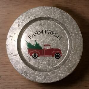 Galvanized Christmas Charger Platter - Red Truck & Christmas Tree 13"